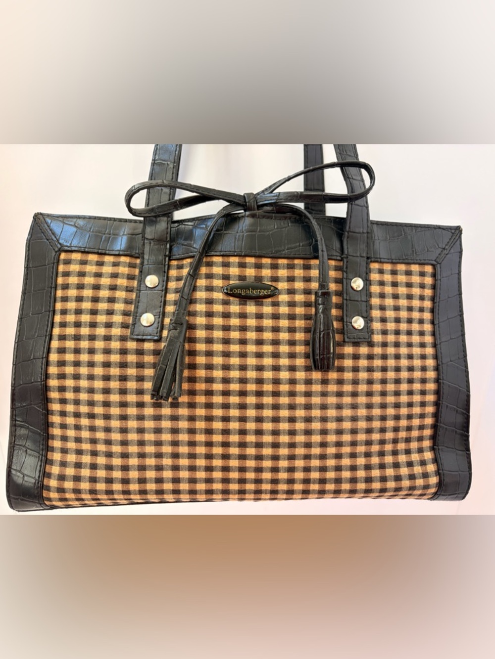 Longaberger Black Trim Brown Gingham Tote